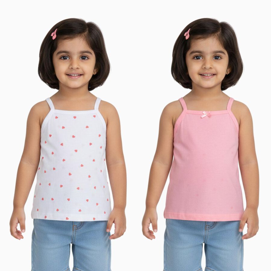Girls' Pink and White Cotton Square Neck Sleeveless Vest, Pink, large image number null
