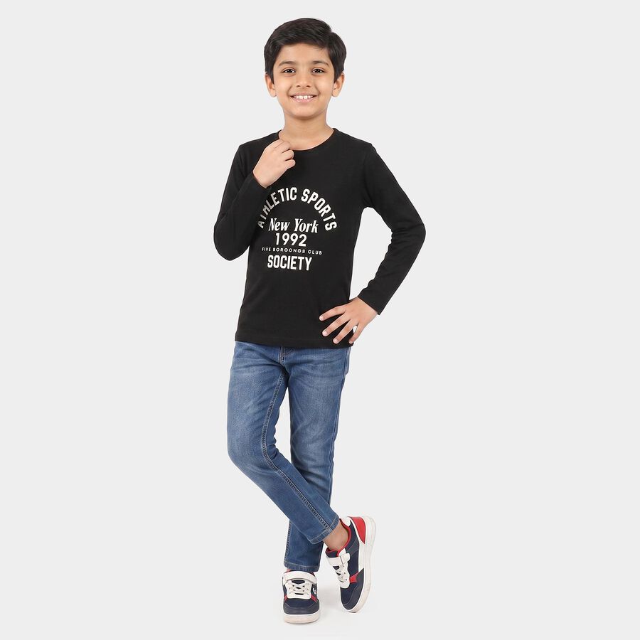 Boys Black Round Neck Regular Boys T-Shirt, काला, large