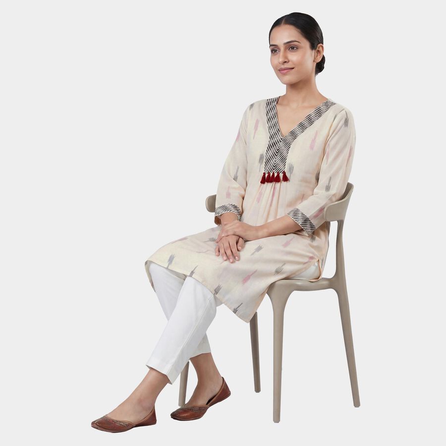 Women's White 100% Cotton Round Neck Straight Kurta, White, large