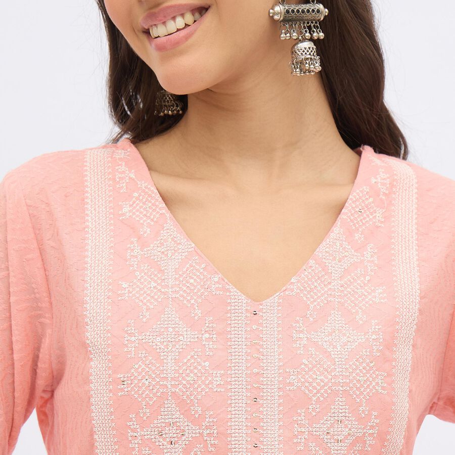 Women's Peach Cotton V-Neck Embroidered Kurta, Pink, large image number null