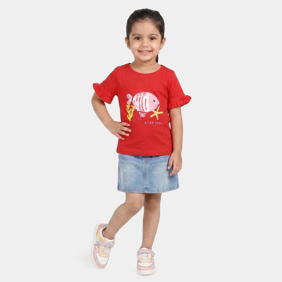Girls Red Cotton Round Neck Regular T-Shirt, Red, large