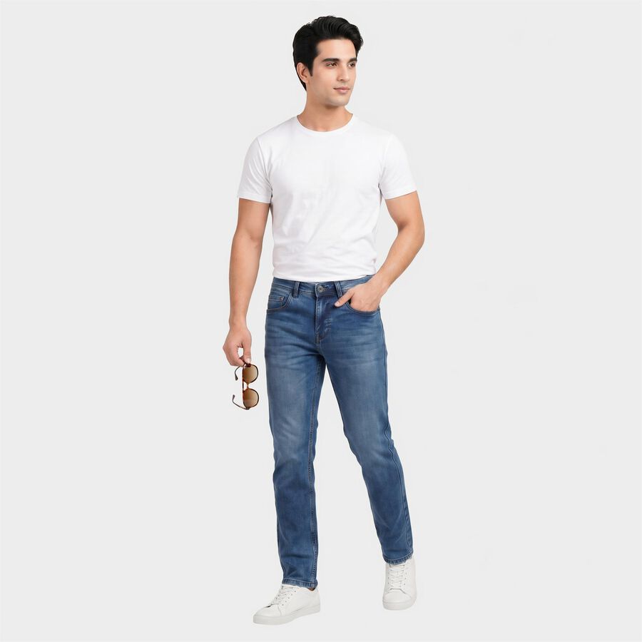 Men's Blue Slim Fit Washed Jeans, Mid Blue, large