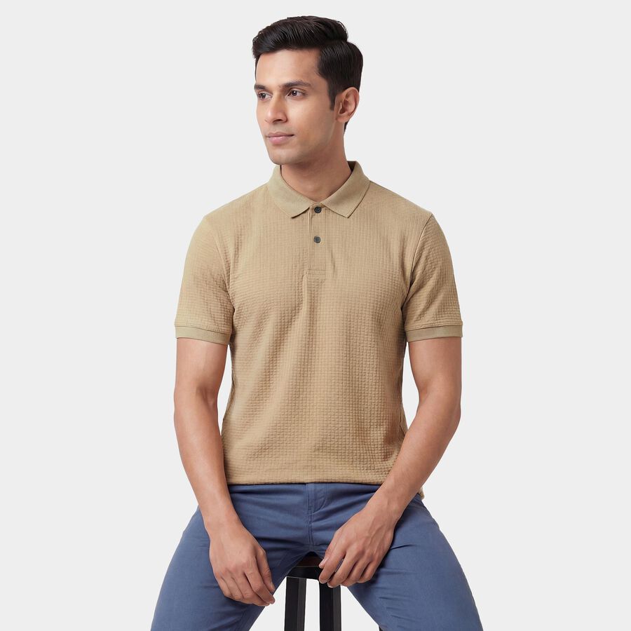 Men's Beige Polo Neck Casual Half Sleeve T-Shirt, Beige, large