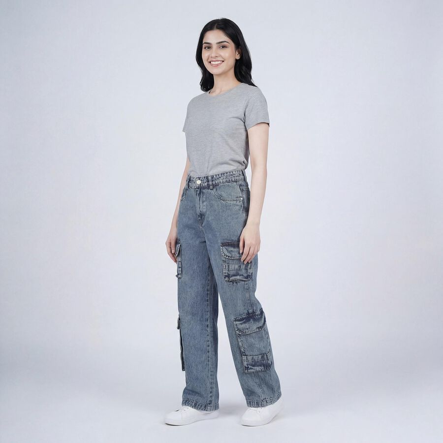 Women's Light Blue Wide Leg Washed Jeans, हल्का नीला, large