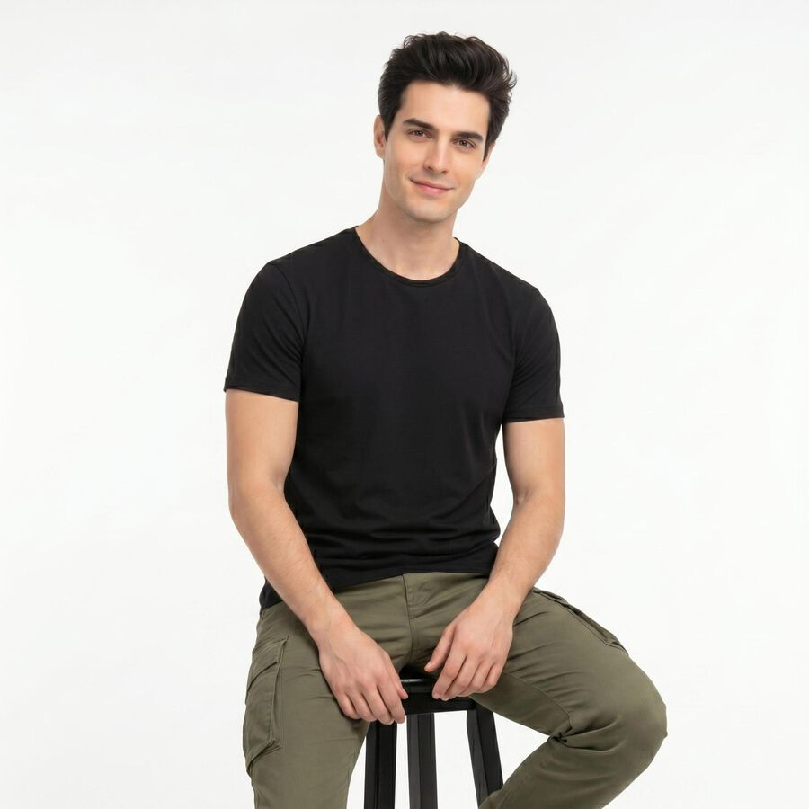 Men's Black Cotton Round Neck Regular T-Shirt, काला, large