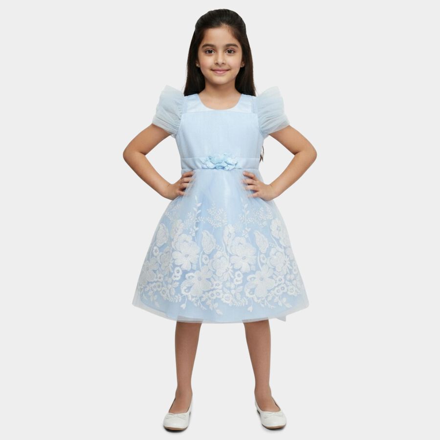 Girls' Light Blue Regular Fit Lace Trim Pocket Frock, हल्का नीला, large
