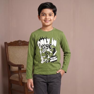 Boys Olive Green Cotton Blend Crew Neck Regular T-Shirt