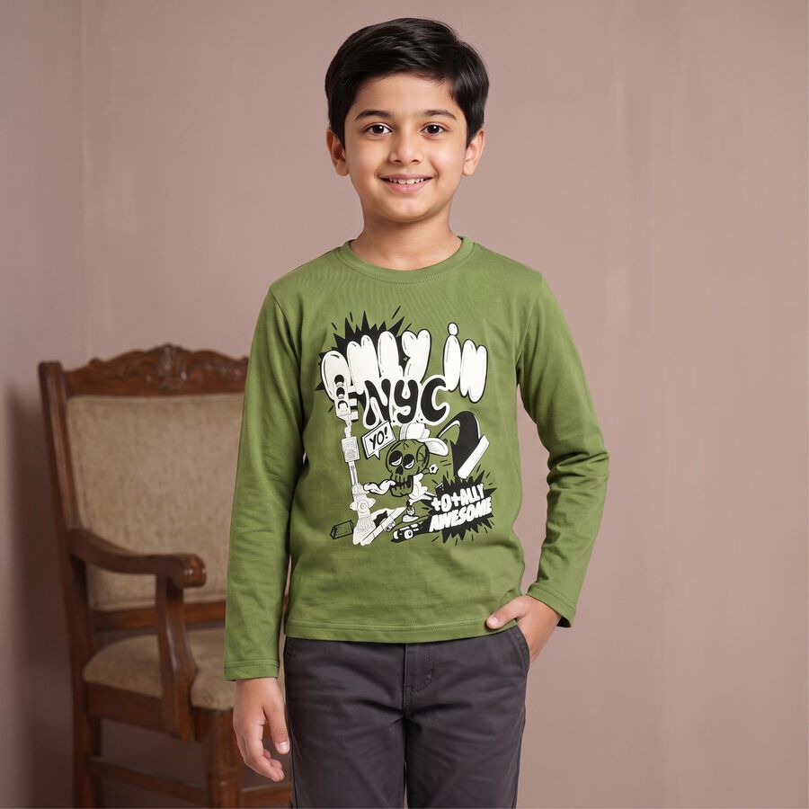Boys Olive Green Cotton Blend Crew Neck Regular T-Shirt, ओलिव, large