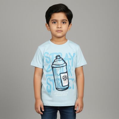 Boys Light Blue Cotton Crew Neck Casual T-Shirt