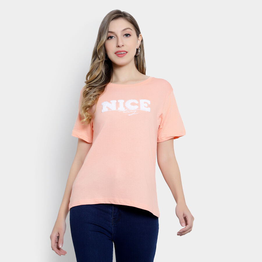Embellished Round Neck T-Shirt, Peach, large image number null