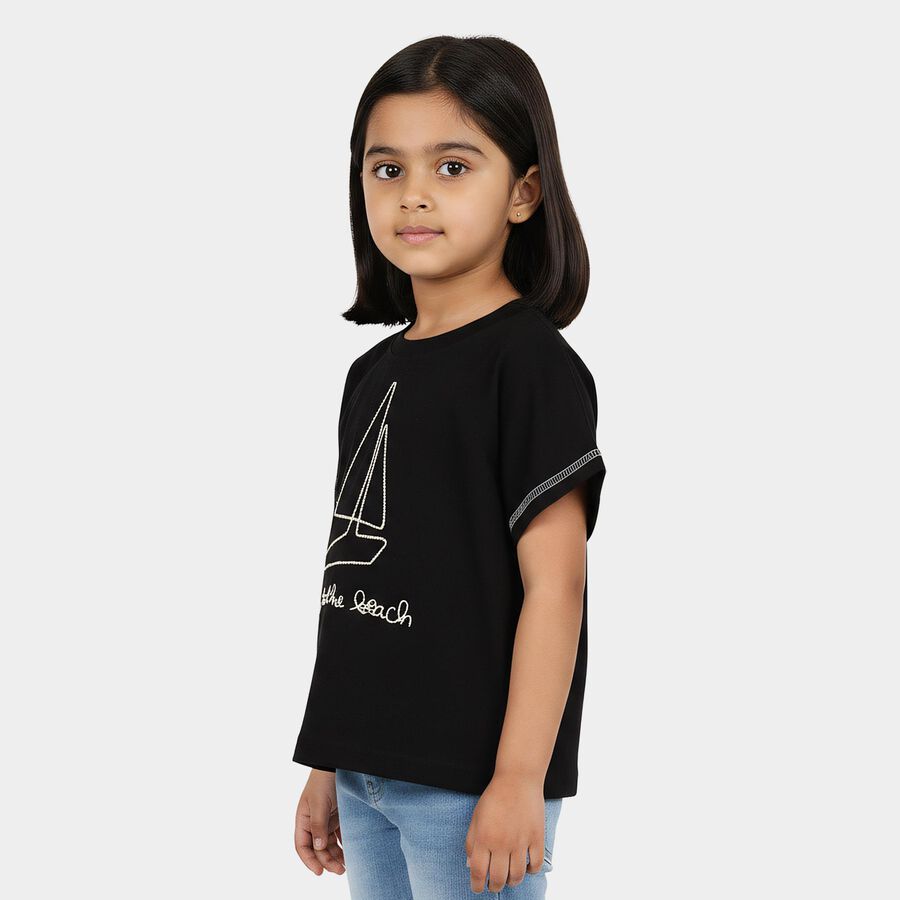 Girls Black Cotton Round Neck Casual T-Shirt, Black, large