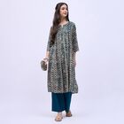 Women's Dark Teal Green Notch Neck Printed Kurta, टील ब्लू, small