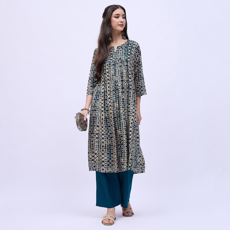 Women's Dark Teal Green Notch Neck Printed Kurta, टील ब्लू, large