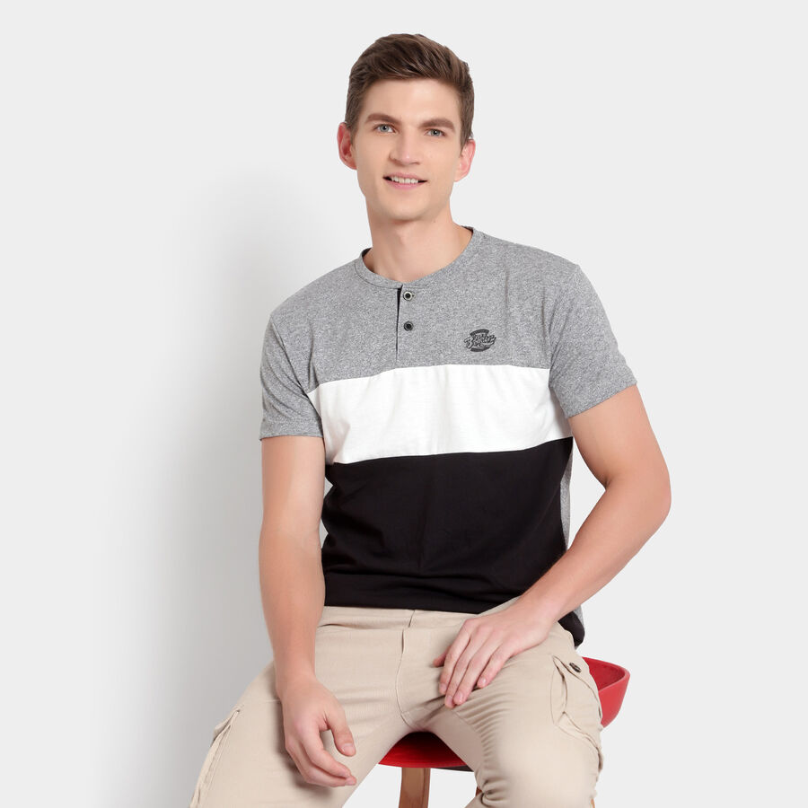 Cut & Sew Henley T-Shirt, Melange Mid Grey, large image number null