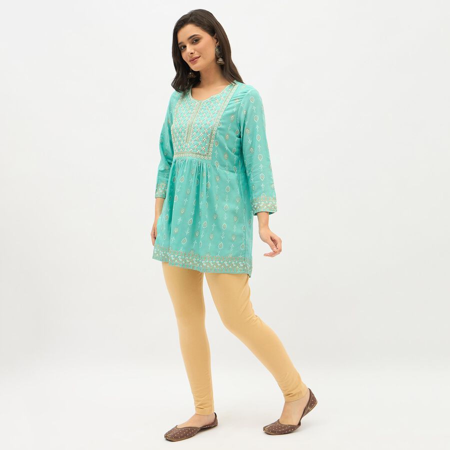 Women's Bright Aqua Blue Round Neck Embroidered Kurti, Aqua, large image number null