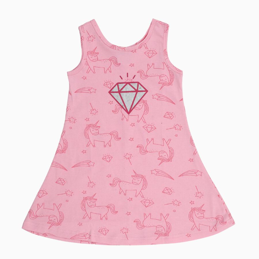 Girls' Pink Unicorn Print Sleeveless A-Line Frock, हल्का गुलाबी, large image number null