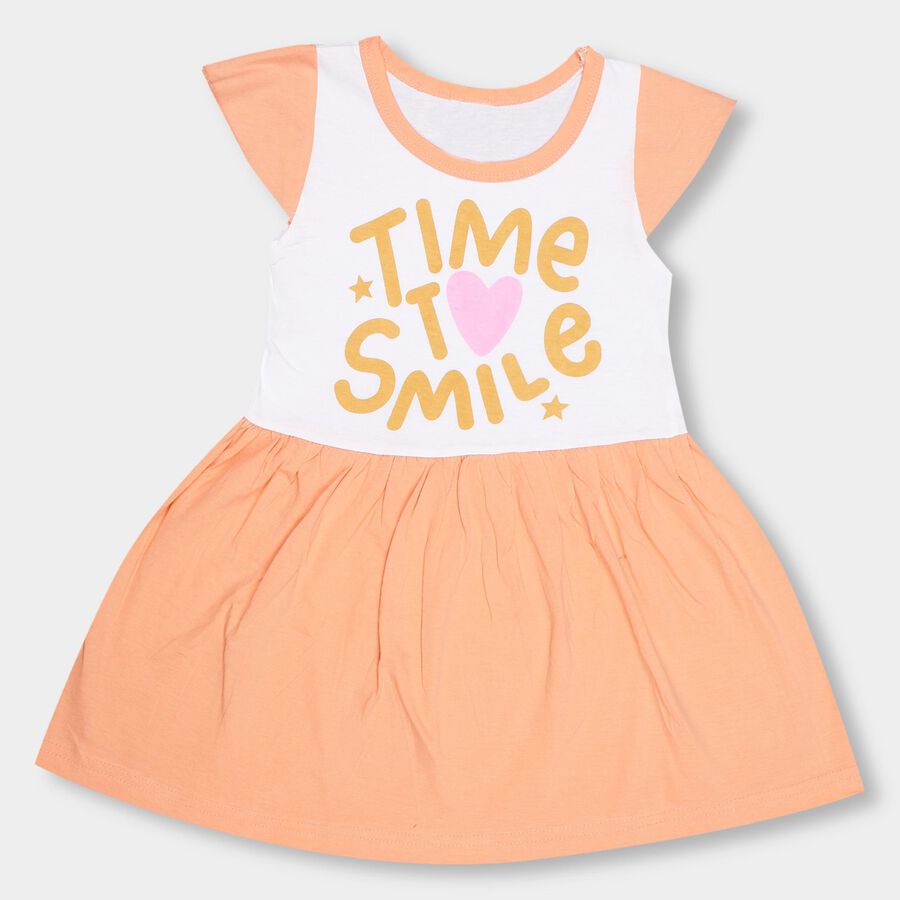 Girls' Peach And White A-Line Cap Sleeve Frock, Peach, large