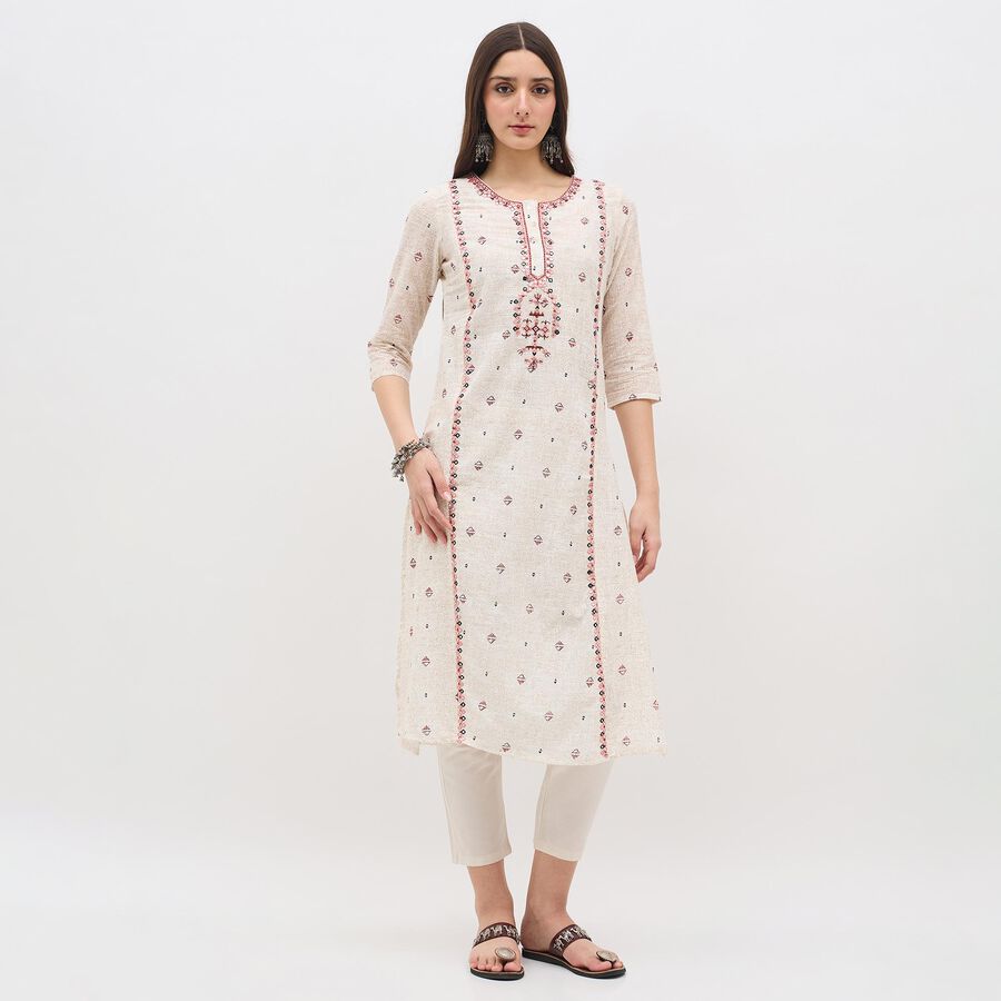 Women's Eggshell White Cotton Round Neck Embroidered Kurta, ऑफ व्हाइट, large image number null