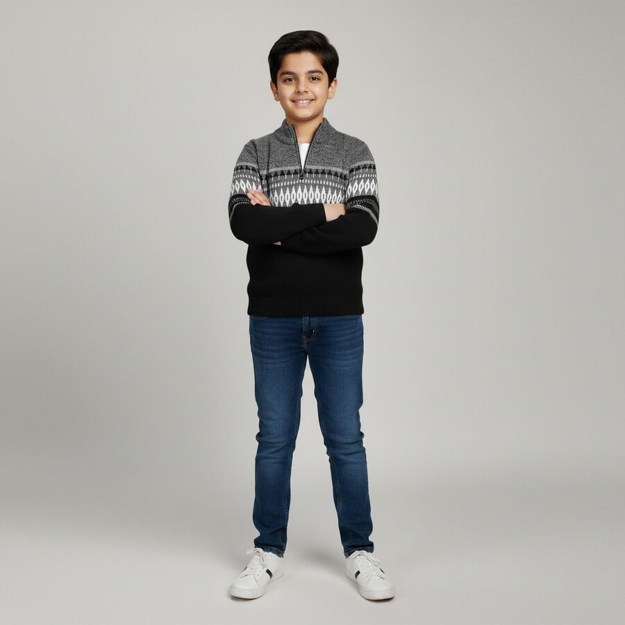 Boys Black and Grey Half-Zip Casual Pullover, काला, large image number null
