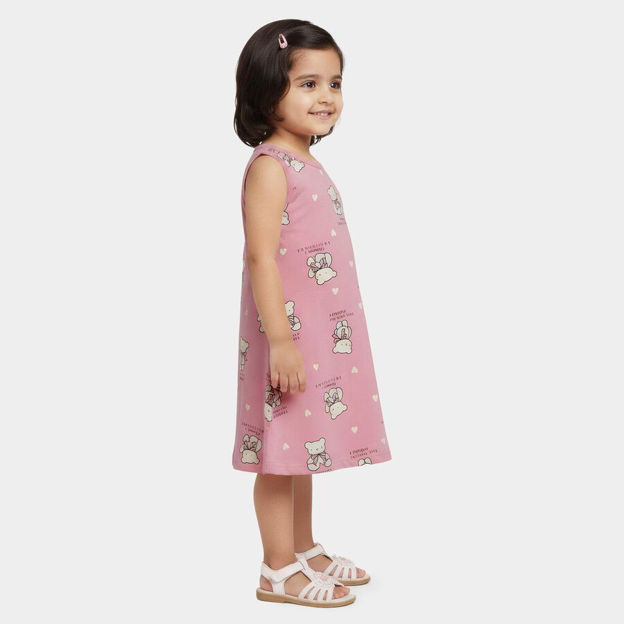 Girls' Pink Teddy Bear Printed Sleeveless A-Line Frock, गुलाबी, large