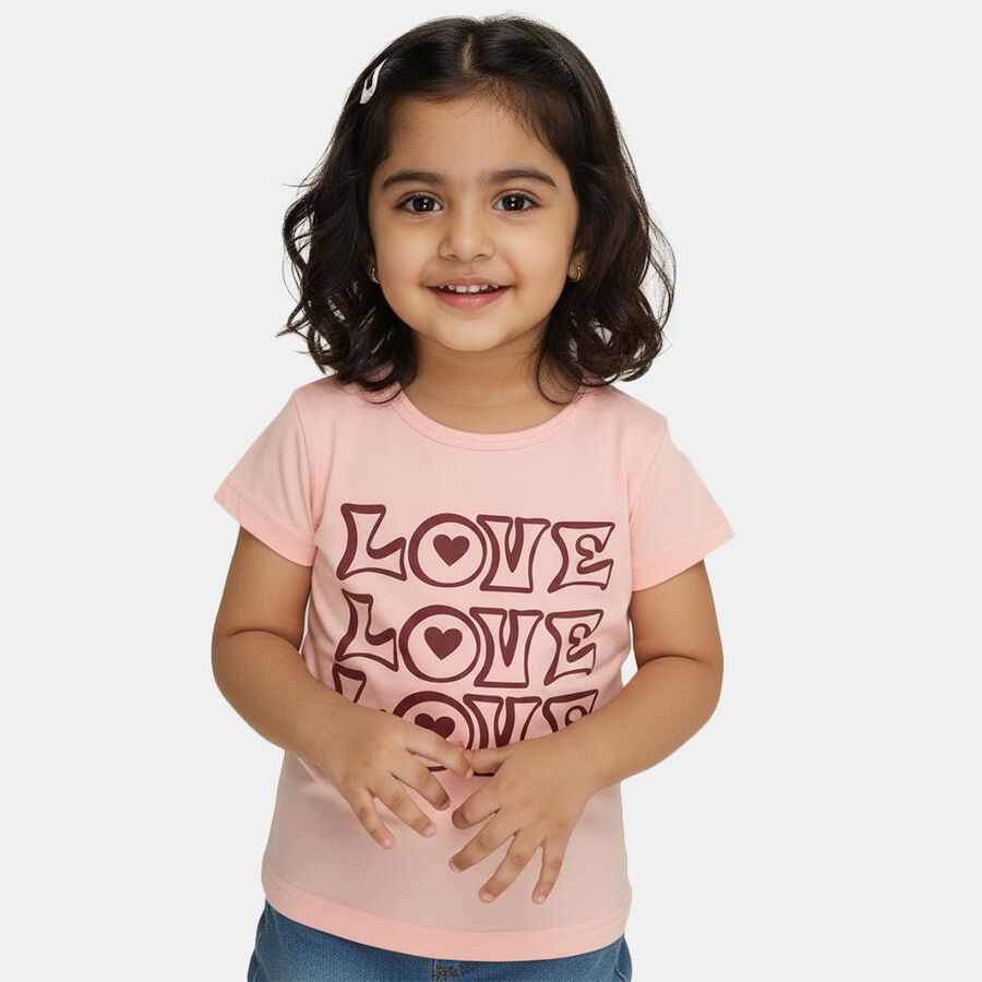 Girls' Pink Round Neck Printed T-Shirt, Light Pink, large