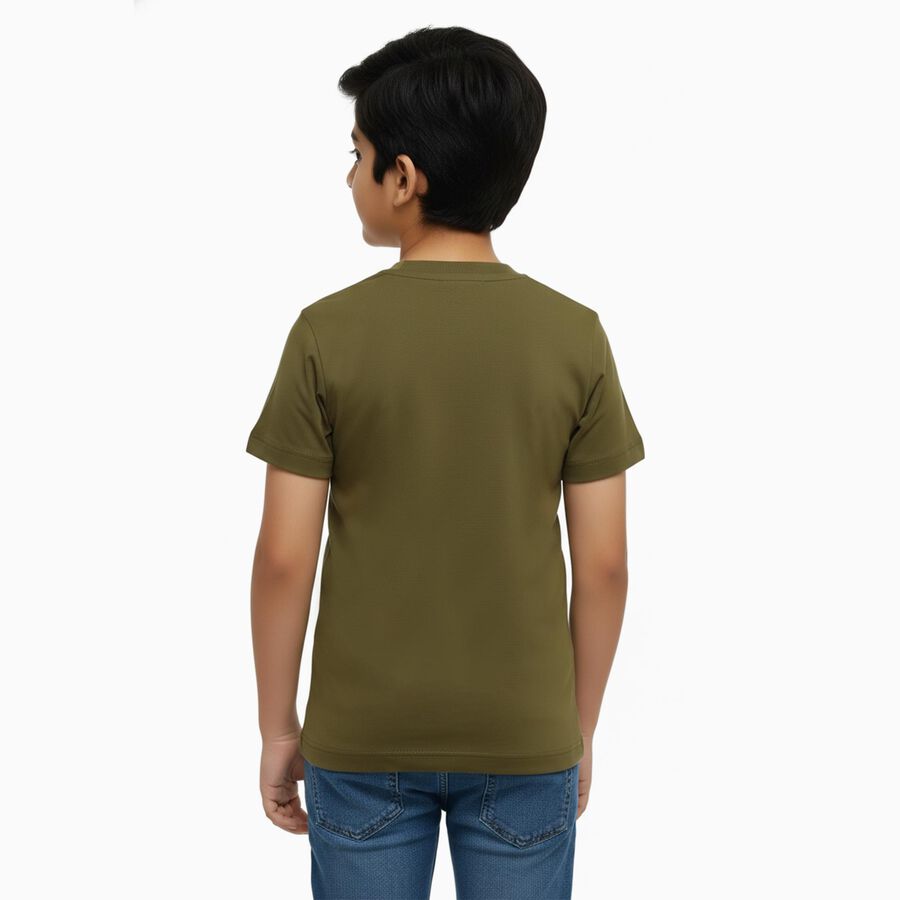 Boys Muted Olive Green Round Neck Casual T-Shirt, Olive, large
