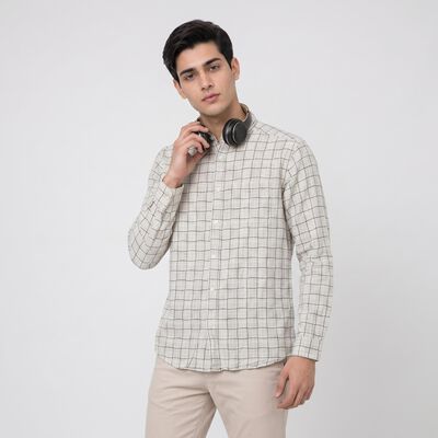 Men's Beige Cotton Long Sleeve Spread Collar Regular Fit Casual Shirt