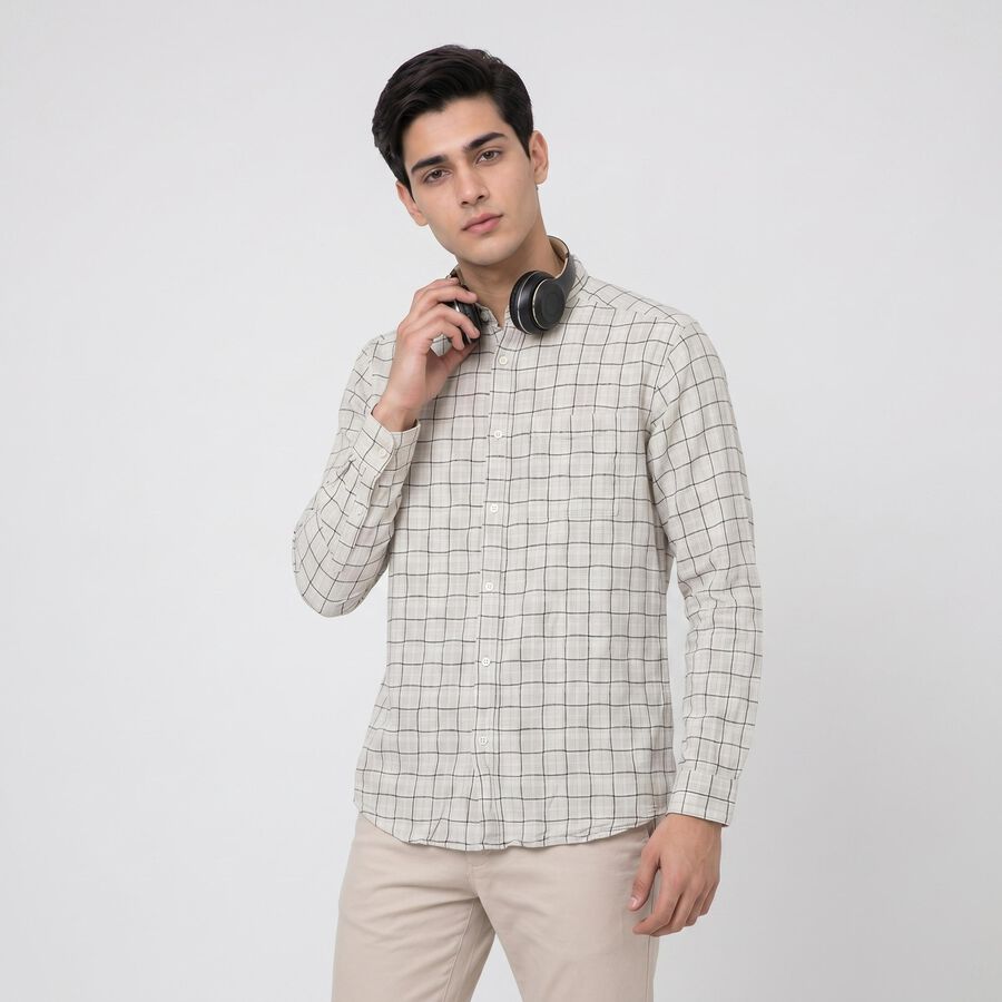 Men's Beige Cotton Long Sleeve Spread Collar Regular Fit Casual Shirt, Beige, large