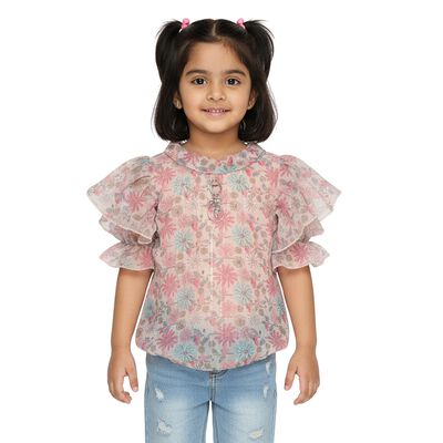 Girls' Light Beige Round Neck Romantic Floral Printed T-Shirt