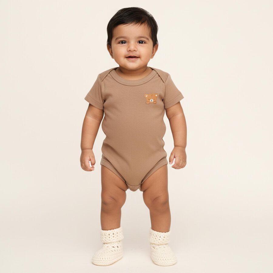 Infants Beige and Mint Green Cotton Round Neck Casual Bodysuit, गहरा पीला, large image number null