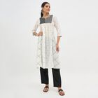 Women's White Cotton Round Neck Embroidered Kurta, Off White, small image number null
