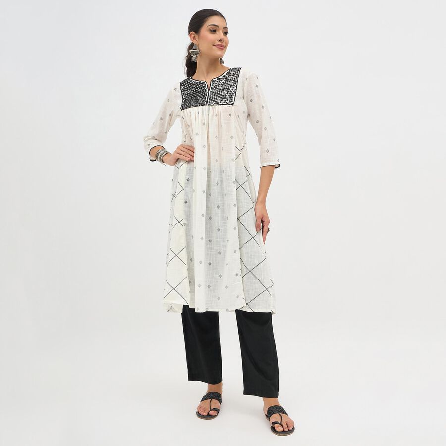 Women's White Cotton Round Neck Embroidered Kurta, Off White, large image number null