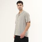 Men's Black and Beige Zigzag Printed Cuban Collar Casual Shirt, Black, small