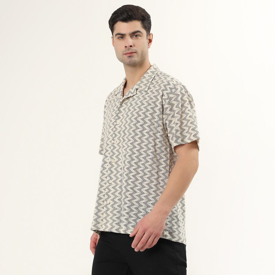 Men's Black and Beige Zigzag Printed Cuban Collar Casual Shirt, Black, large
