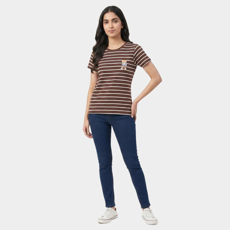 Women's Brown Round Neck Regular T-Shirt, Brown, large