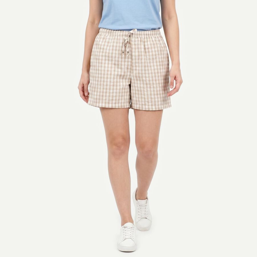 Women's Beige Regular Fit Checked Shorts, गहरा पीला, large