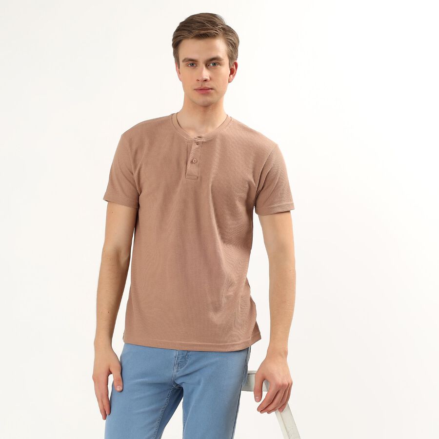 Men's Beige Henley Neck Textured T-Shirt, Beige, large