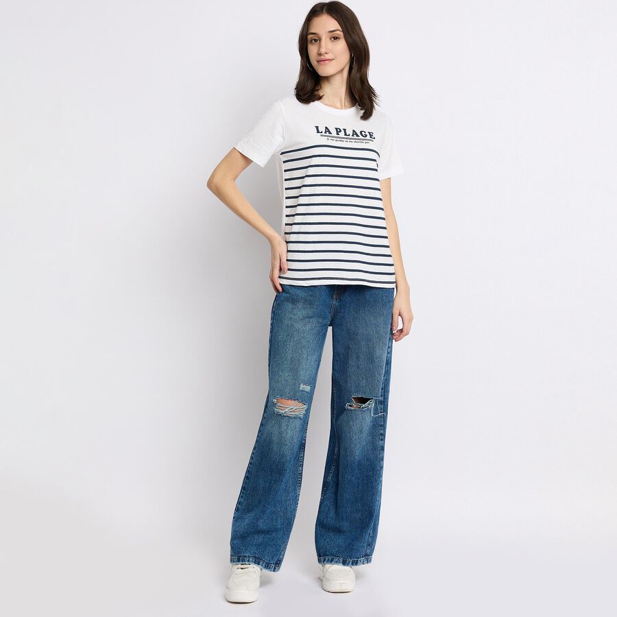 Ladies'  Stripes Round Neck T-Shirt, सफ़ेद, large image number null