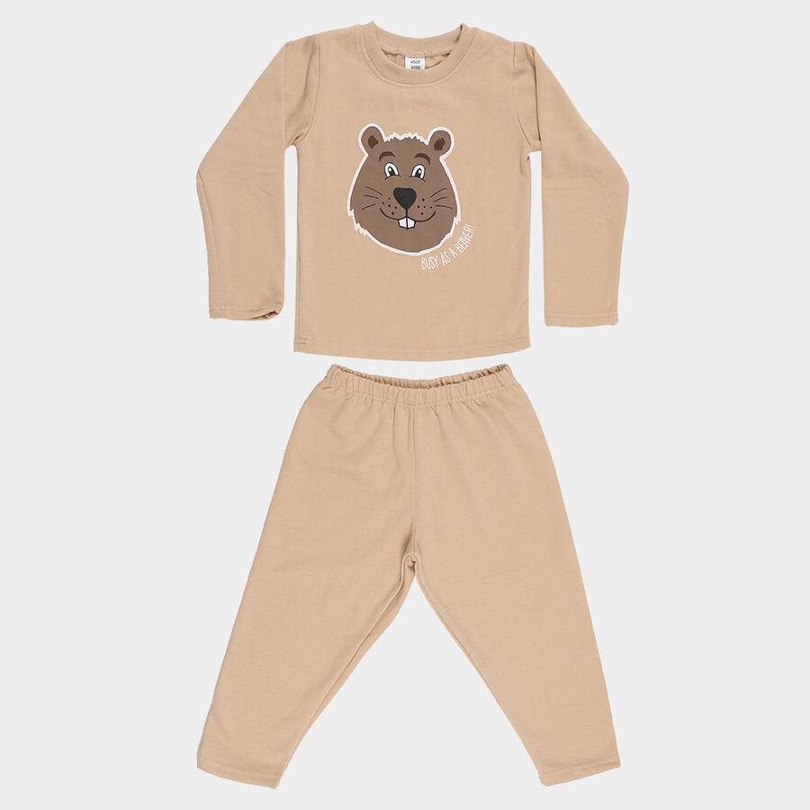 Boys' Beige Round Neck Cartoon Print Baba Suit, गहरा पीला, large image number null