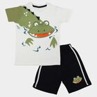 Boys' Navy Blue Cotton Crew Neck Graphic Print Baba Suit, Navy Blue, small