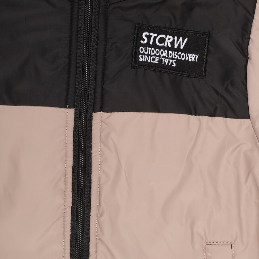 Boys Beige and Black Hooded Casual Jacket, गहरा पीला, large image number null