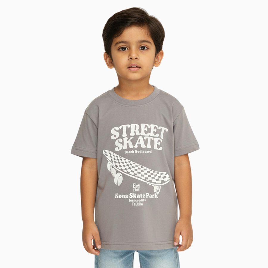 Boys Light Grey Crew Neck Casual Half Sleeve T-Shirt, Light Grey, large image number null