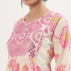 Women's Light Pink Cotton Round Neck Mirror Work Floral Printed Kurti, हल्का गुलाबी, small image number null