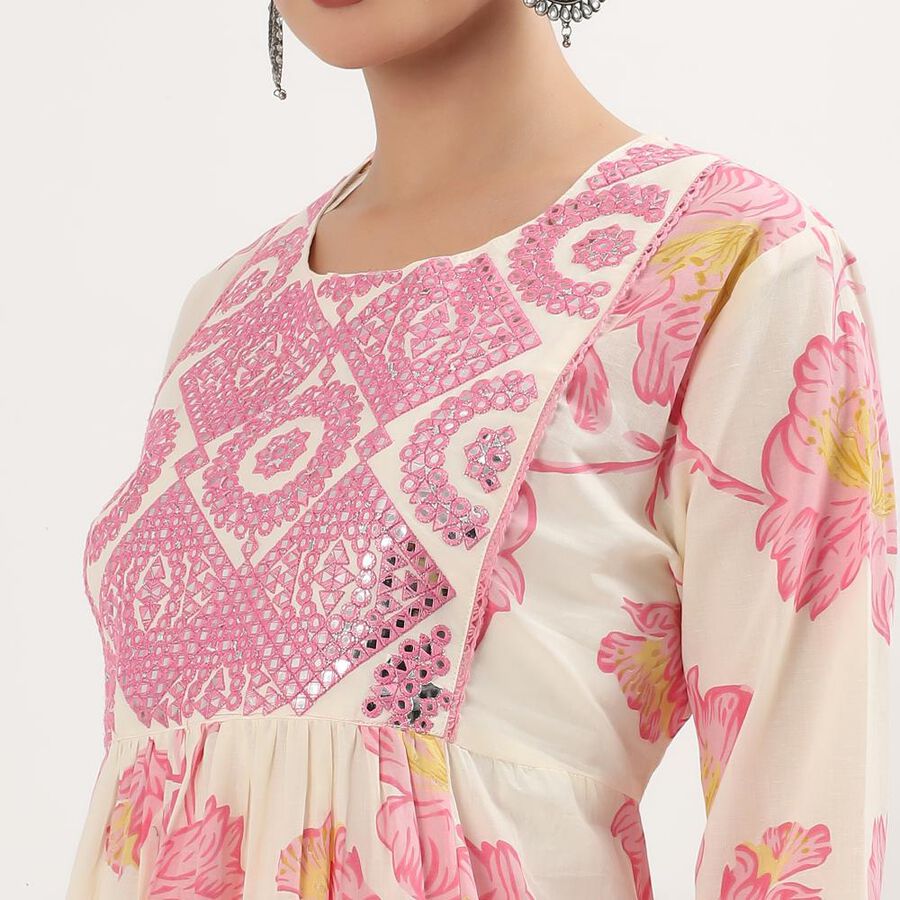 Women's Light Pink Cotton Round Neck Mirror Work Floral Printed Kurti, हल्का गुलाबी, large image number null
