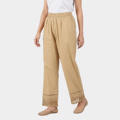 Women's Beige Regular Fit Lace Hem Solid Palazzos