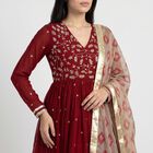 Women's Maroon V-Neck Embroidered Ethnic Set, Maroon, small