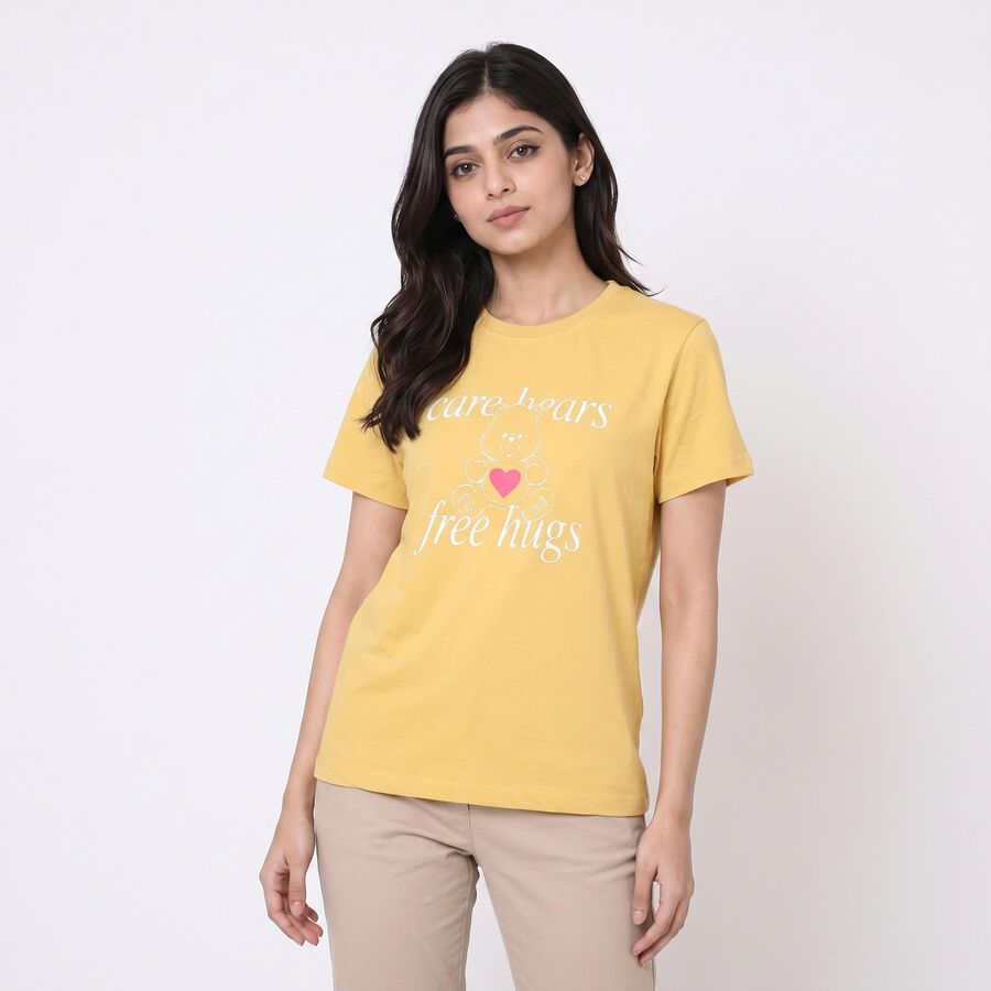 Women's Yellow Round Neck Regular T-Shirt, पीला, large