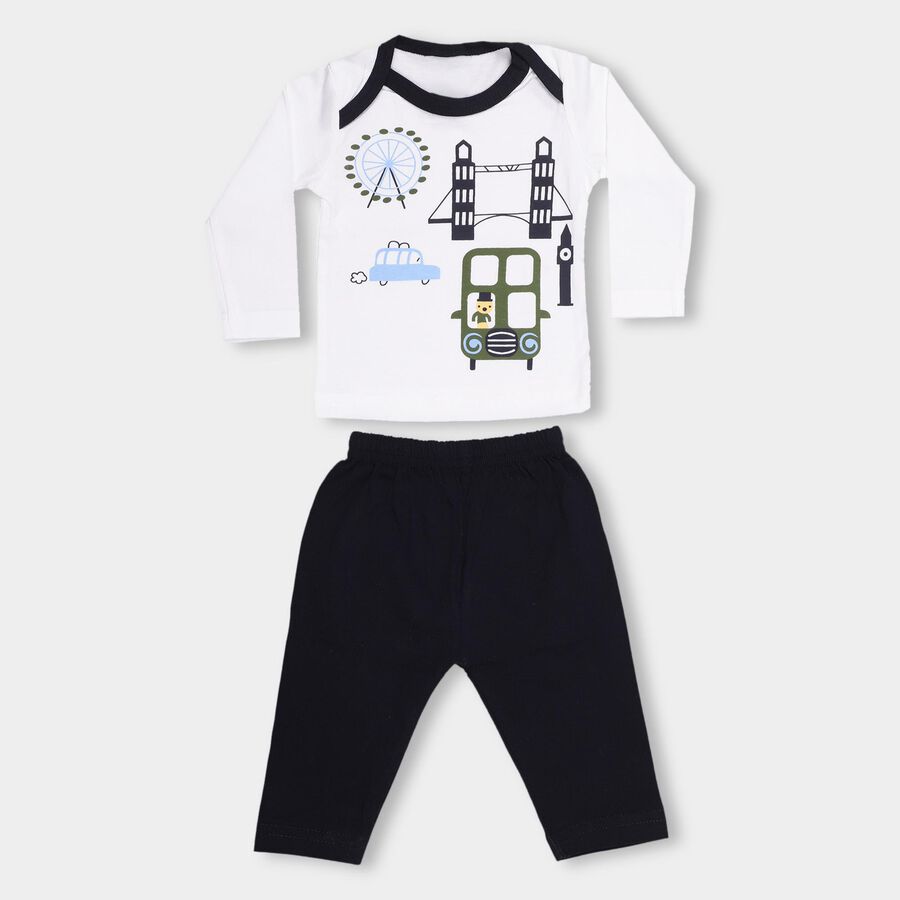 Infants' White Boat Neck Printed Baba Suit, Navy Blue, large image number null