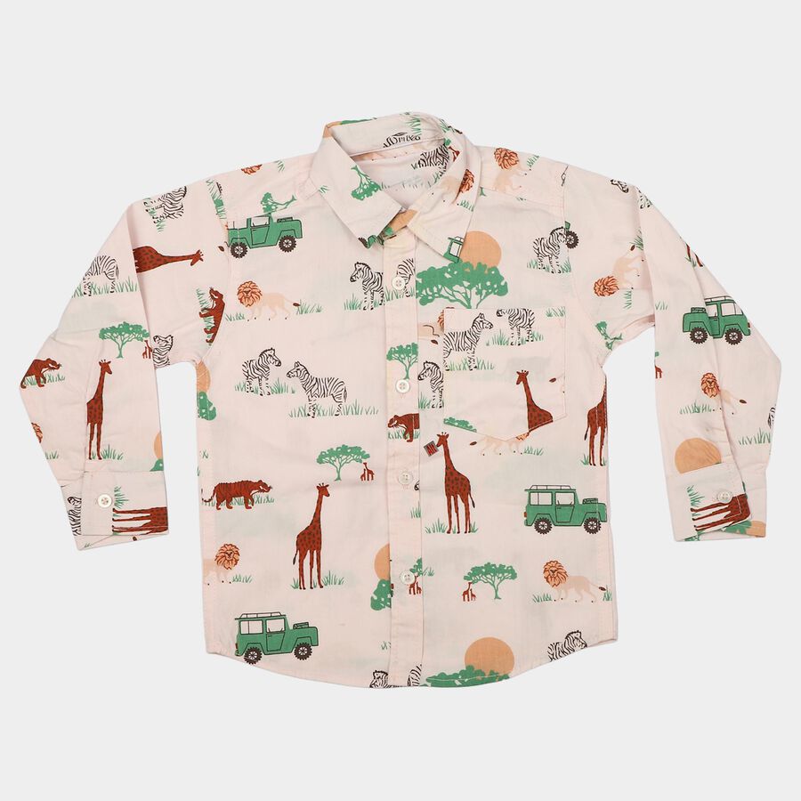 Boys Off White Cotton Collared Regular Fit Shirt, Off White, large