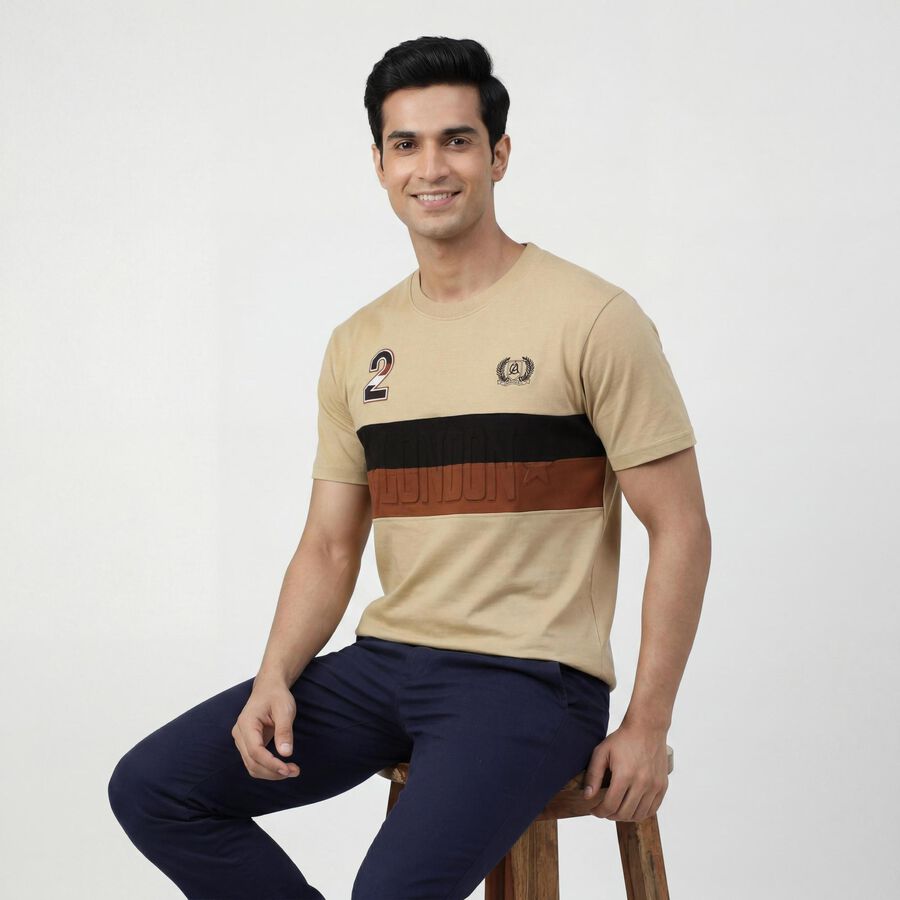 Men's Brown Round Neck Casual T-Shirt, भूरा, large